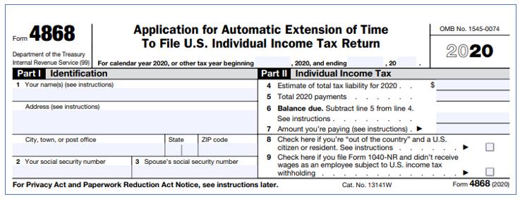 미국 세금보고 연장 신청 양식 Form 4868