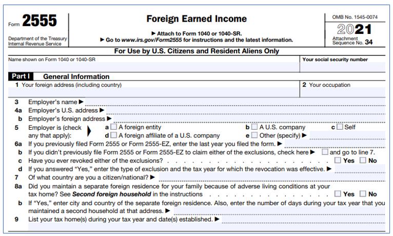 Foreign Earned Income 양식 (Form 2555)