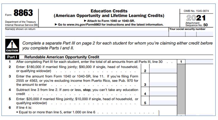 미국 학비 세금 크레딧 (Form 8863)